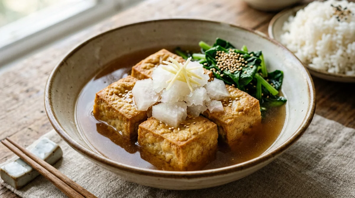 Agedashi tofu con spinaci al sesamo e riso