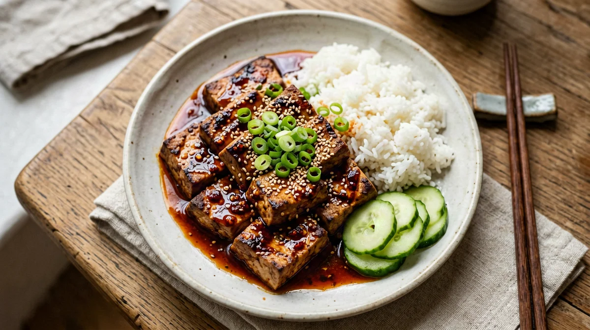 Dubu jorim, Korean braised tofu with rice and cucumber