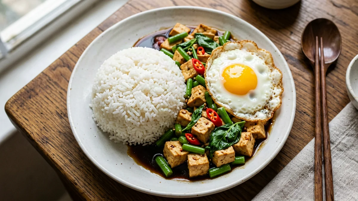 Thai basil tofu with green beans, fried egg and rice