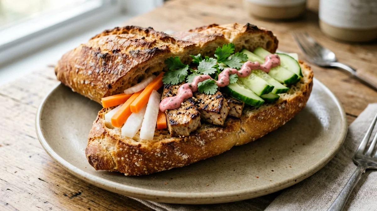 Banh mi con tofu marinato e verdure in agrodolce