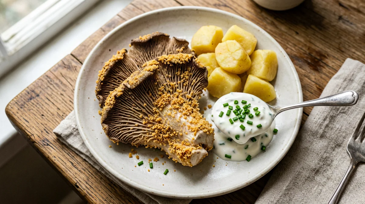 Cotolette di funghi pleurotus con salsa allo yogurt e patate