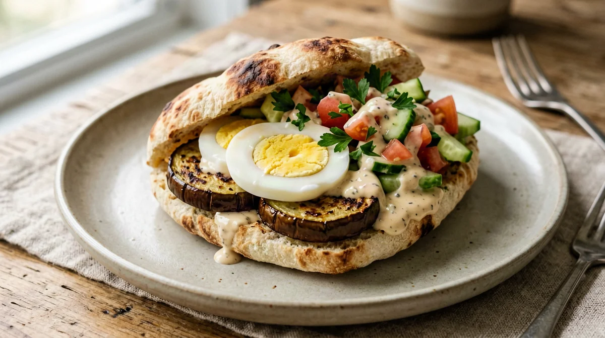 Sabich, pita con melanzane fritte, uova sode e tahina
