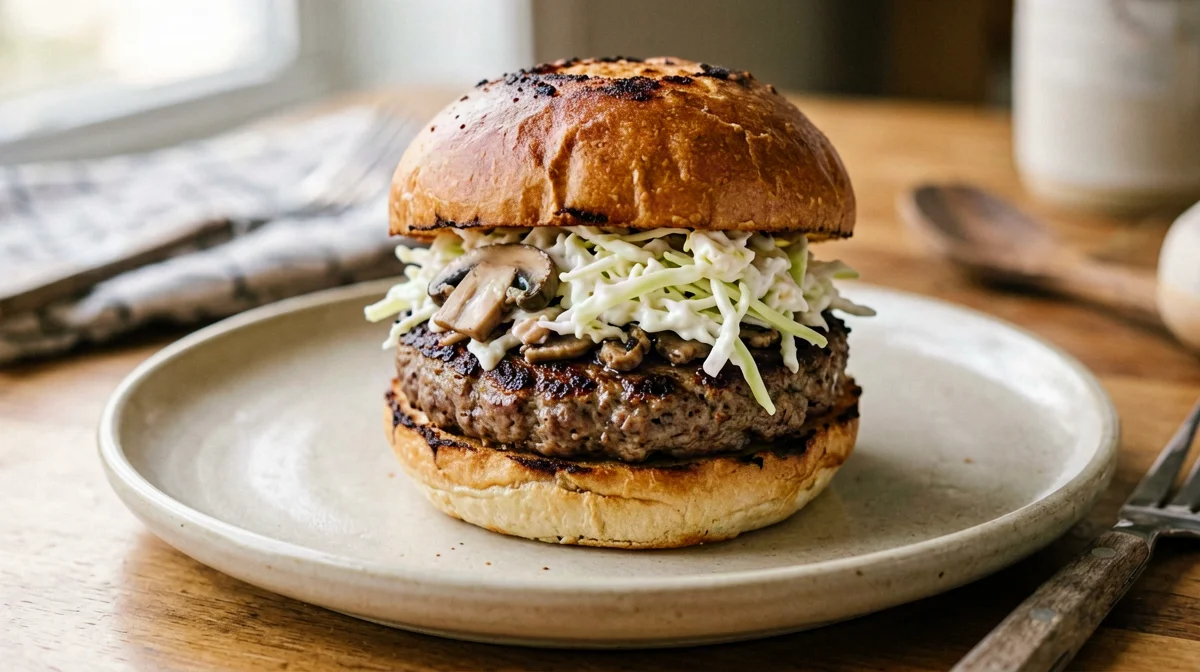Tofu and mushroom burger with yogurt coleslaw