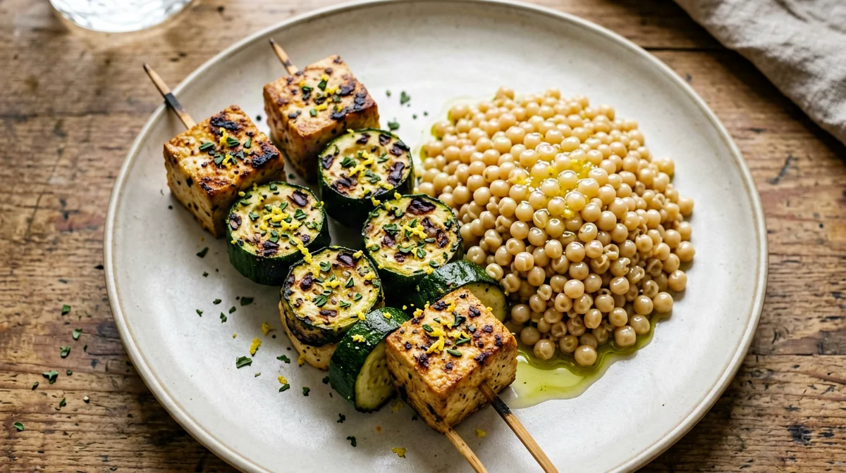 Lemon and oregano tofu skewers with barley and zucchini