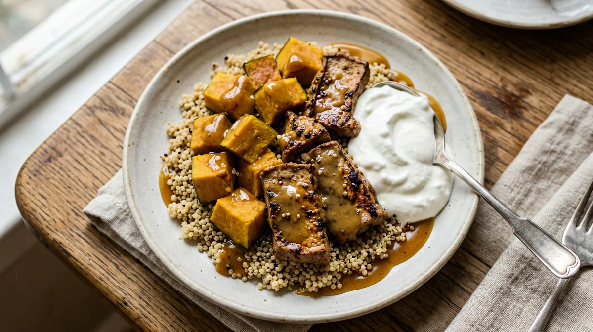 Tempeh glassato all'acero e senape con zucca e quinoa