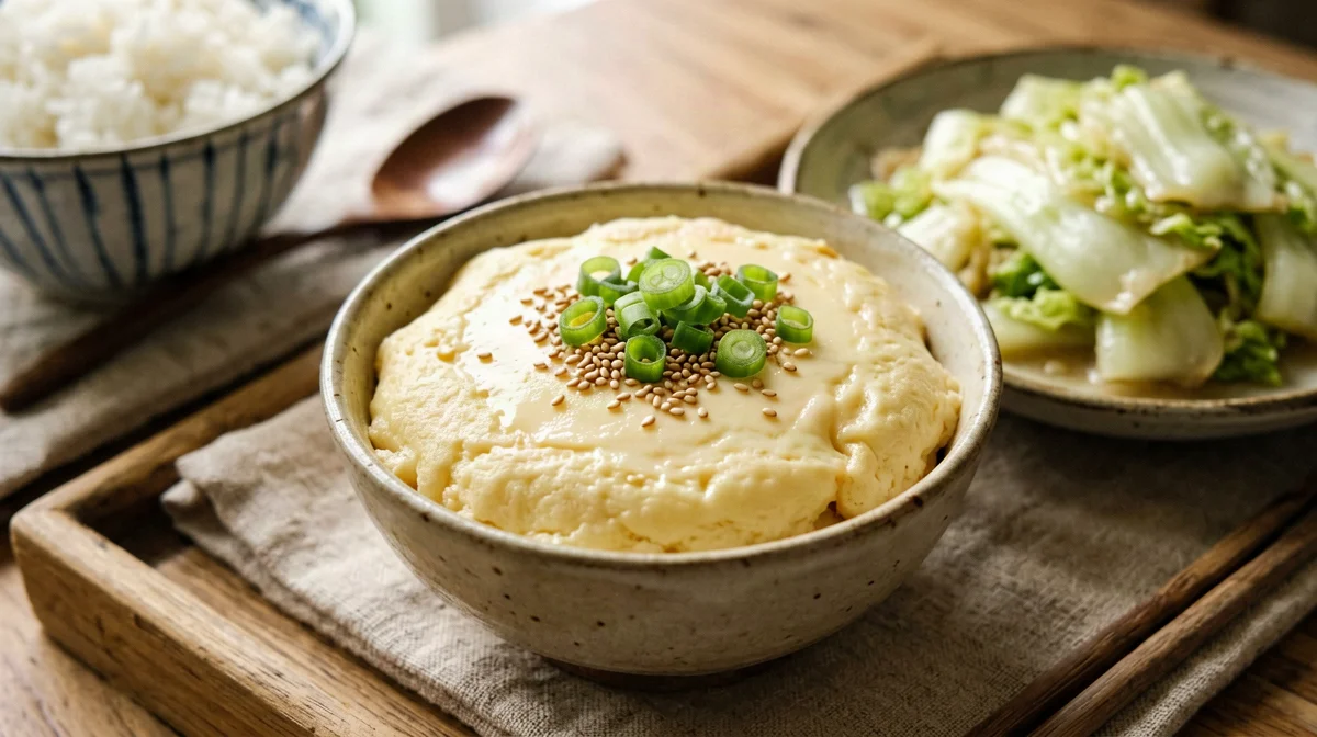 Gyeran jjim, Korean steamed eggs with rice and Chinese cabbage
