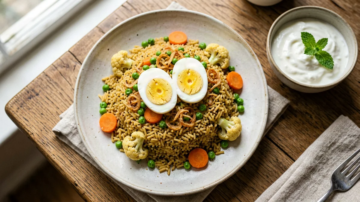 Biryani vegetariano con uova sode e raita
