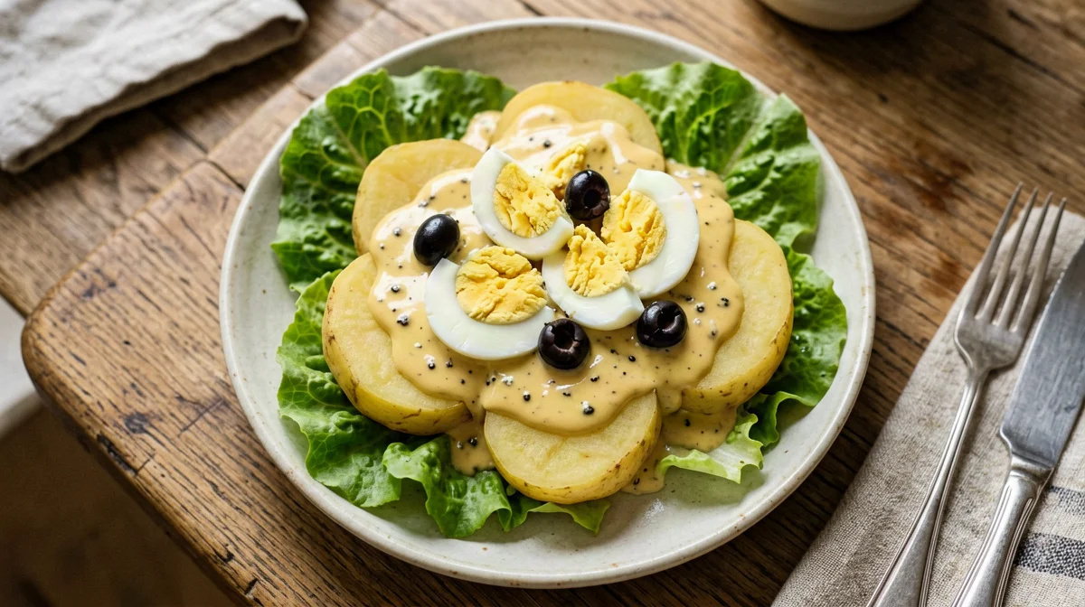 Patate alla huancaína con uovo sodo e olive
