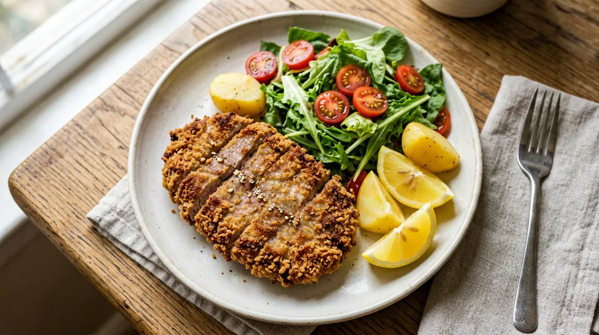 Cotoletta di seitan alla milanese con rucola e patate