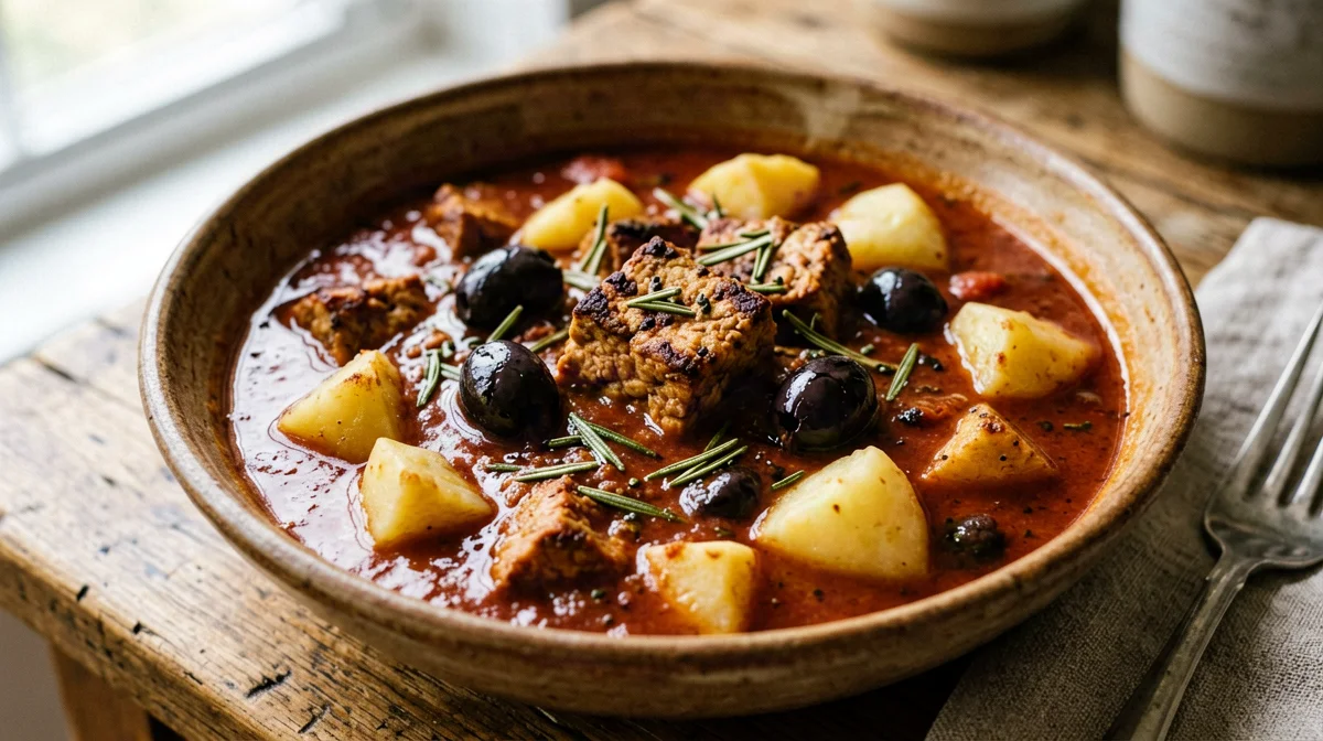 Tofu alla cacciatora con olive, rosmarino e patate