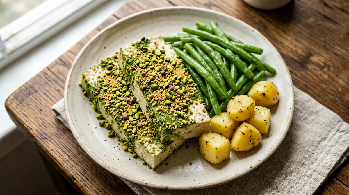 Pistachio-crusted tofu with green beans and potatoes