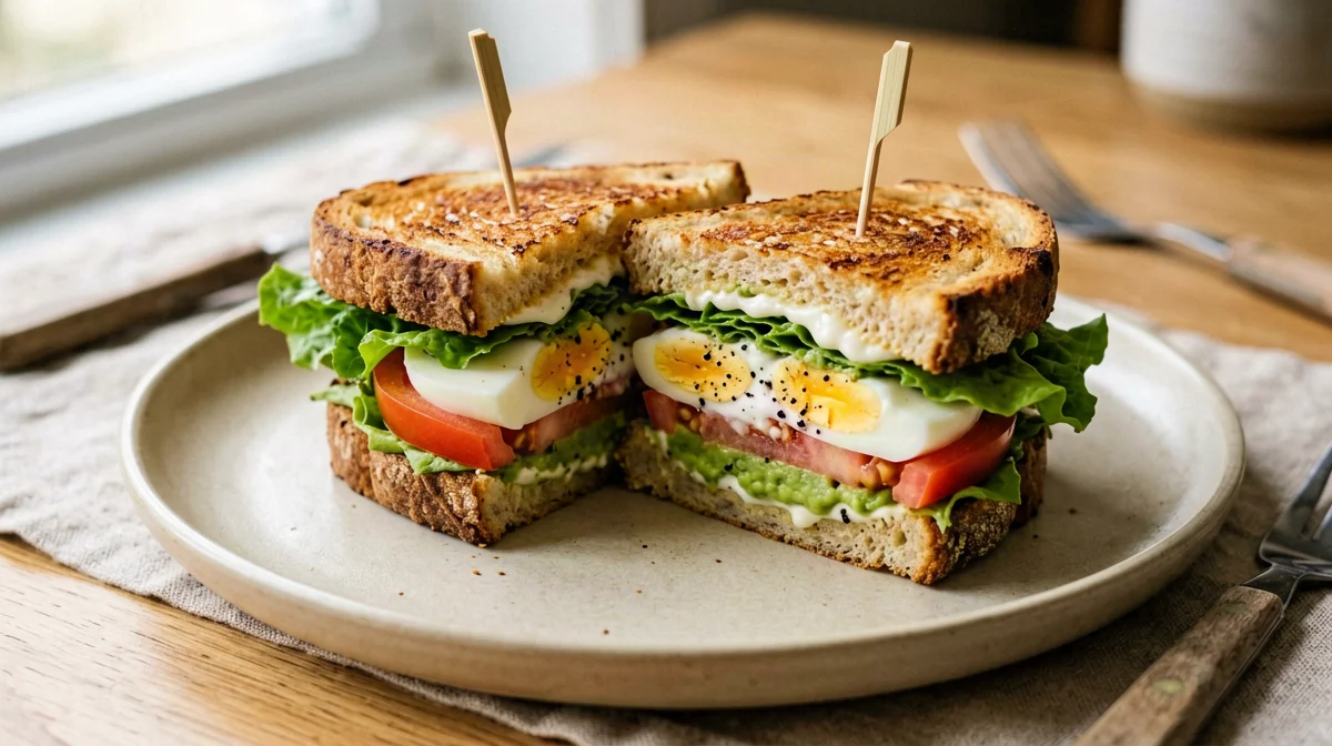 Club sandwich vegetariano con uova, avocado e pomodoro