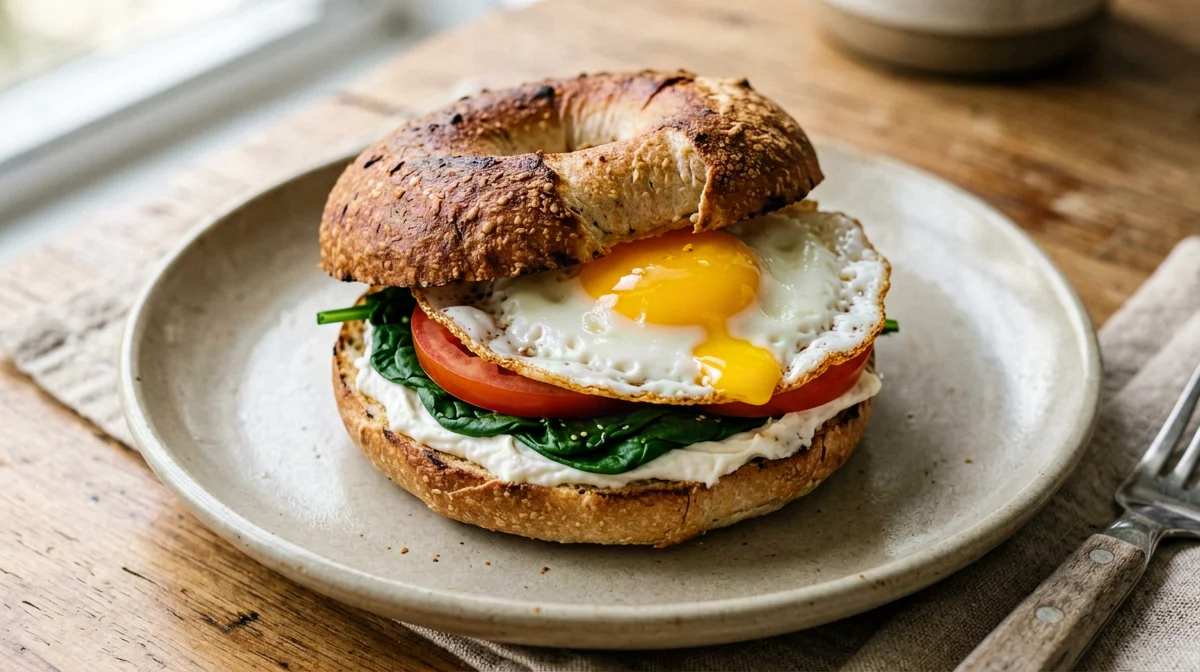 Bagel with cream cheese, egg and spinach