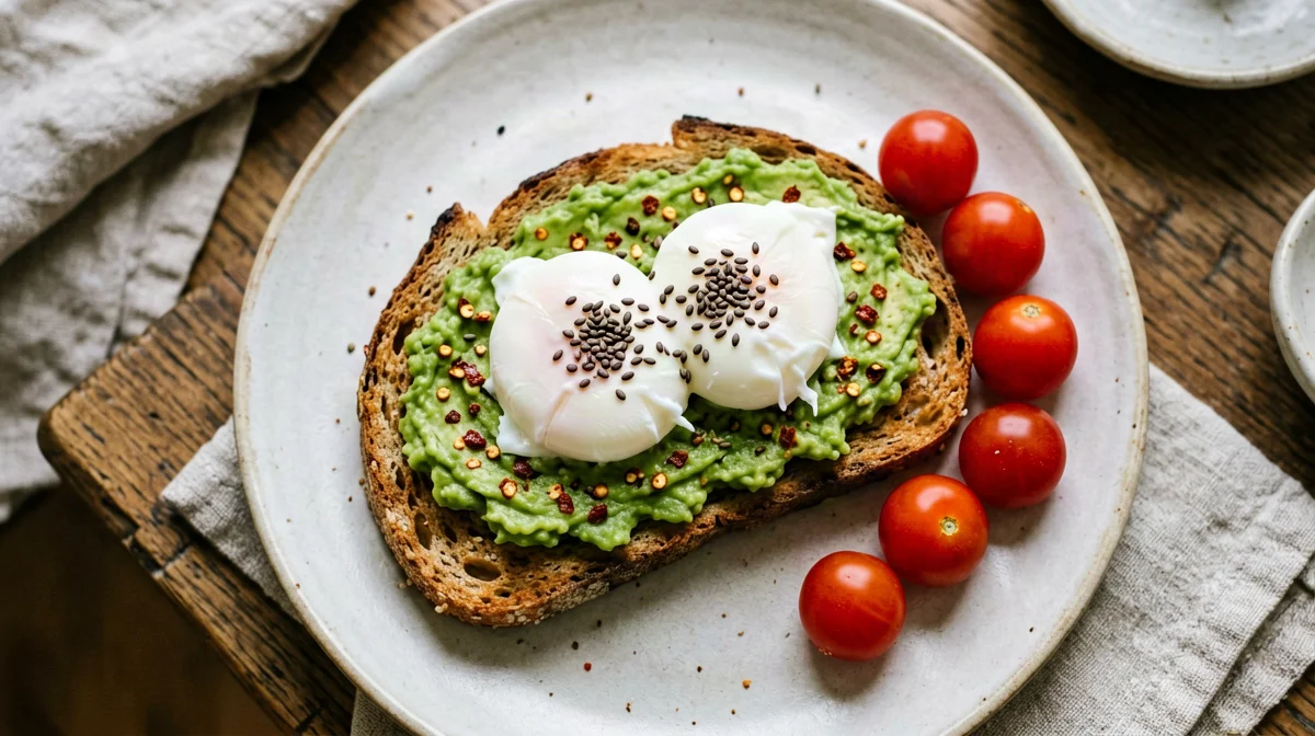 Avocado toast with poached eggs and hemp seeds