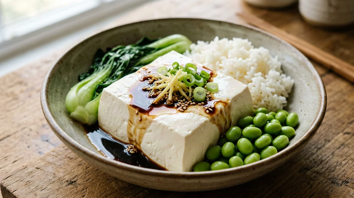 Tofu setoso alla soia con edamame, pak choi e riso