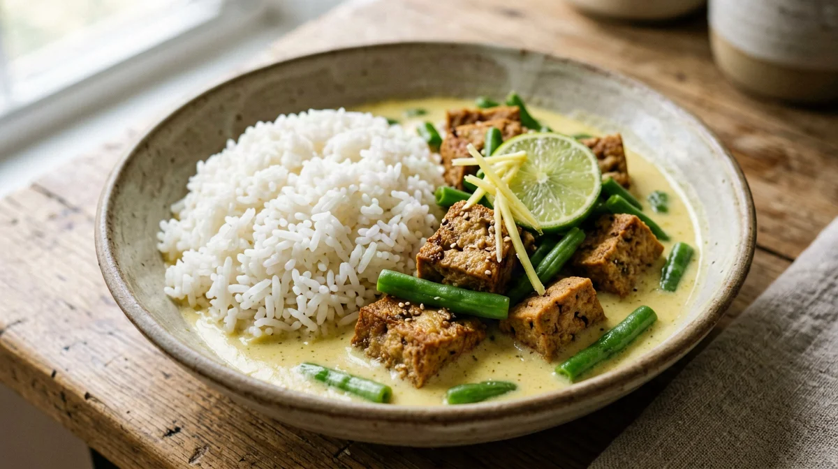Tempeh al cocco e lime con fagiolini e riso jasmine