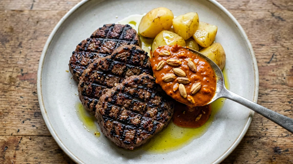 Griddled seitan with romesco sauce and potatoes