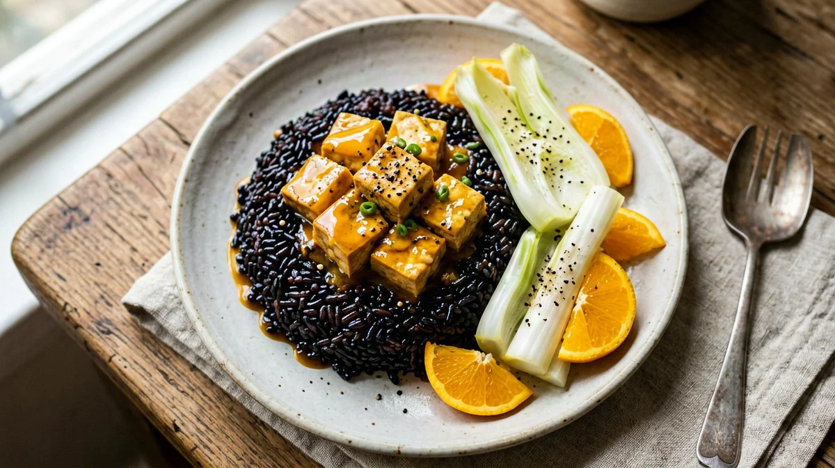 Tofu agli agrumi con finocchi e riso Venere