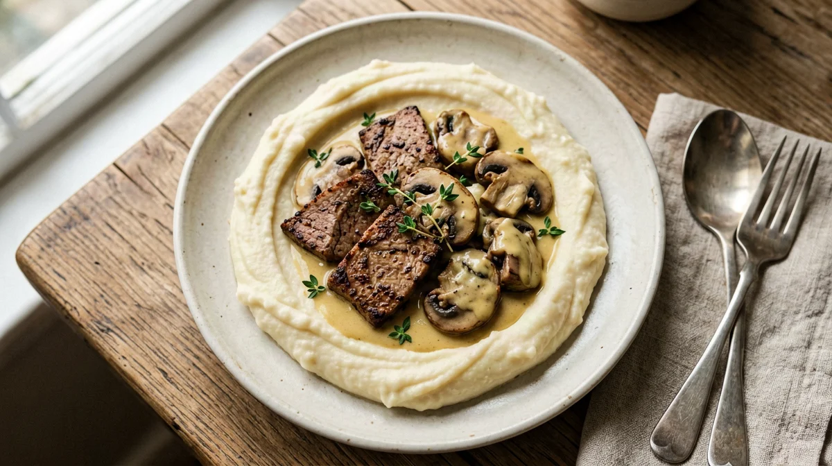 Tempeh ai funghi e senape con purè di sedano rapa