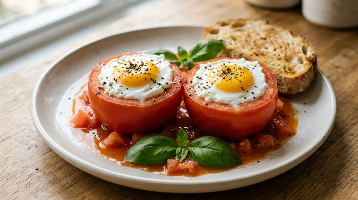 Egg-stuffed tomatoes cooked in a pan with oregano