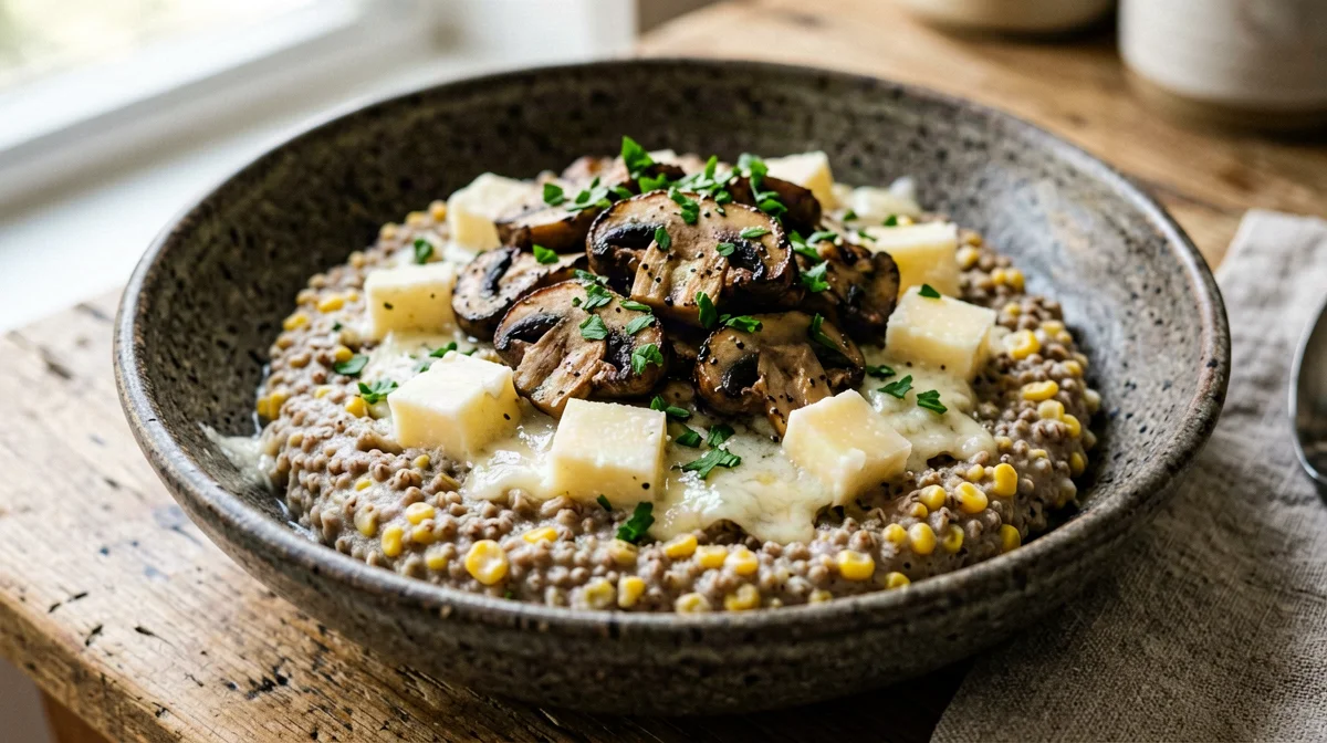 Polenta taragna with sautéed mushrooms and Asiago
