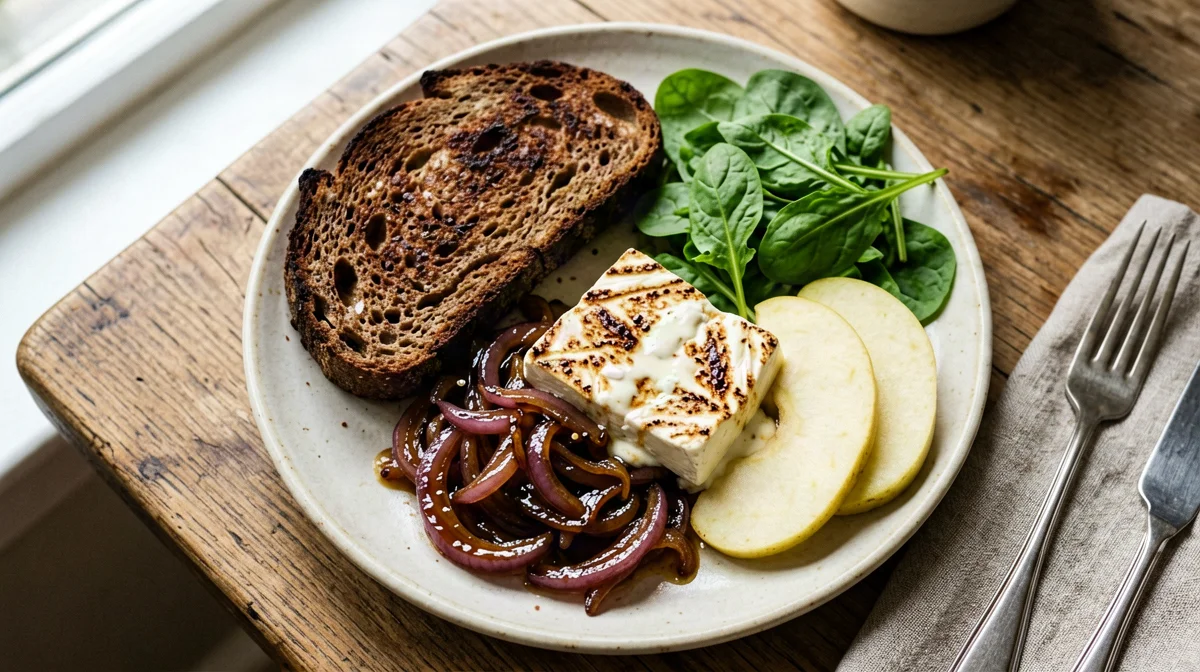Seared brie with caramelised red onions, apple and rye bread