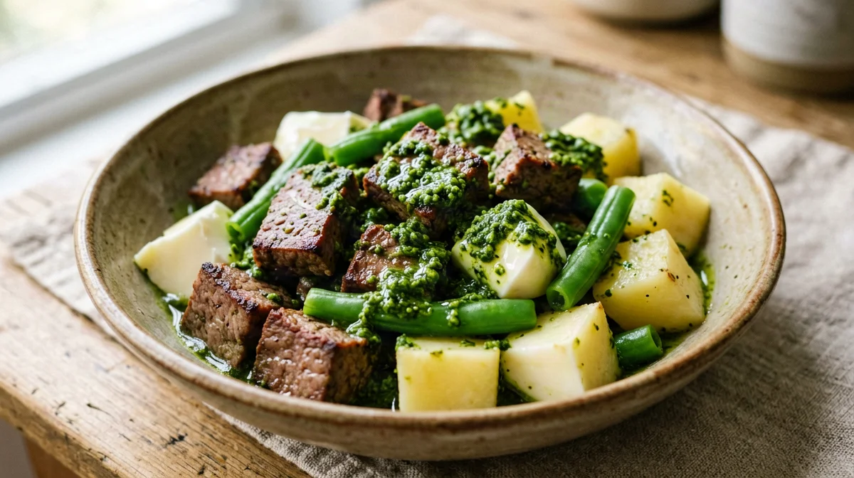 Ligurian pesto seitan with green beans and potatoes