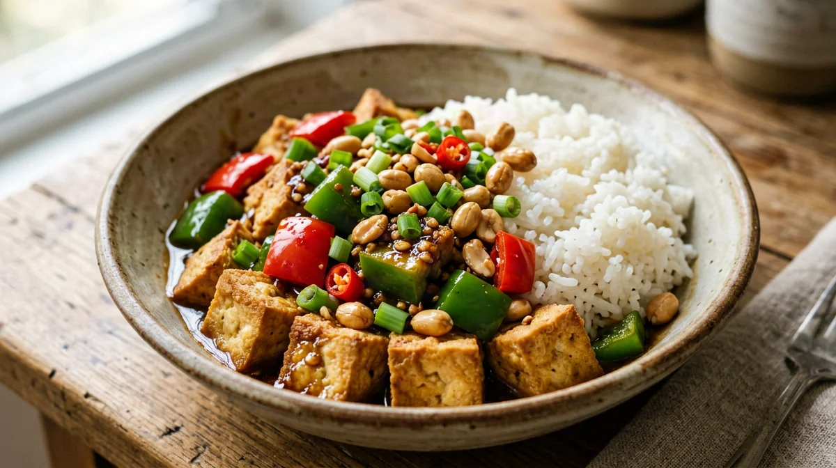 Tofu kung pao con arachidi e peperoni