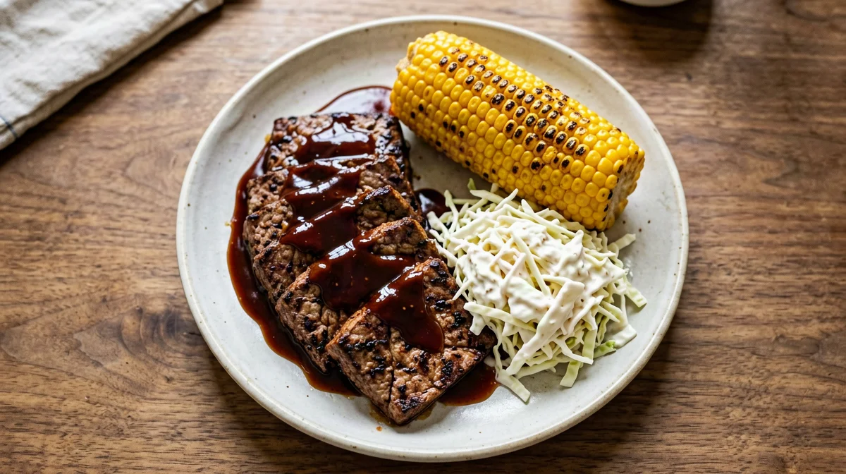 BBQ tempeh with griddled corn and yogurt coleslaw
