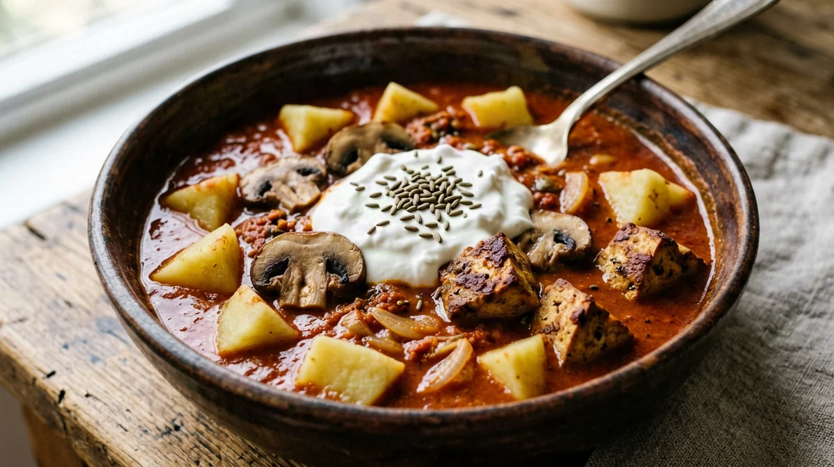 Gulasch di funghi e tofu affumicato alla paprika