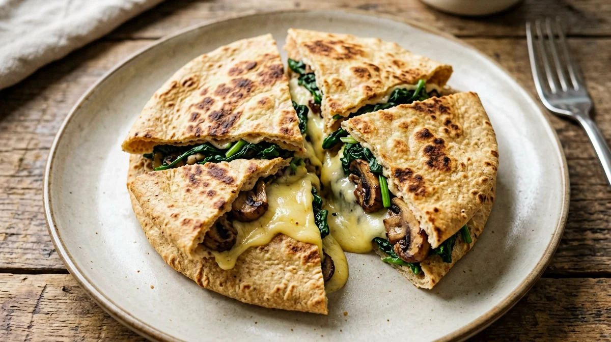 Mushroom, spinach and Edam quesadilla