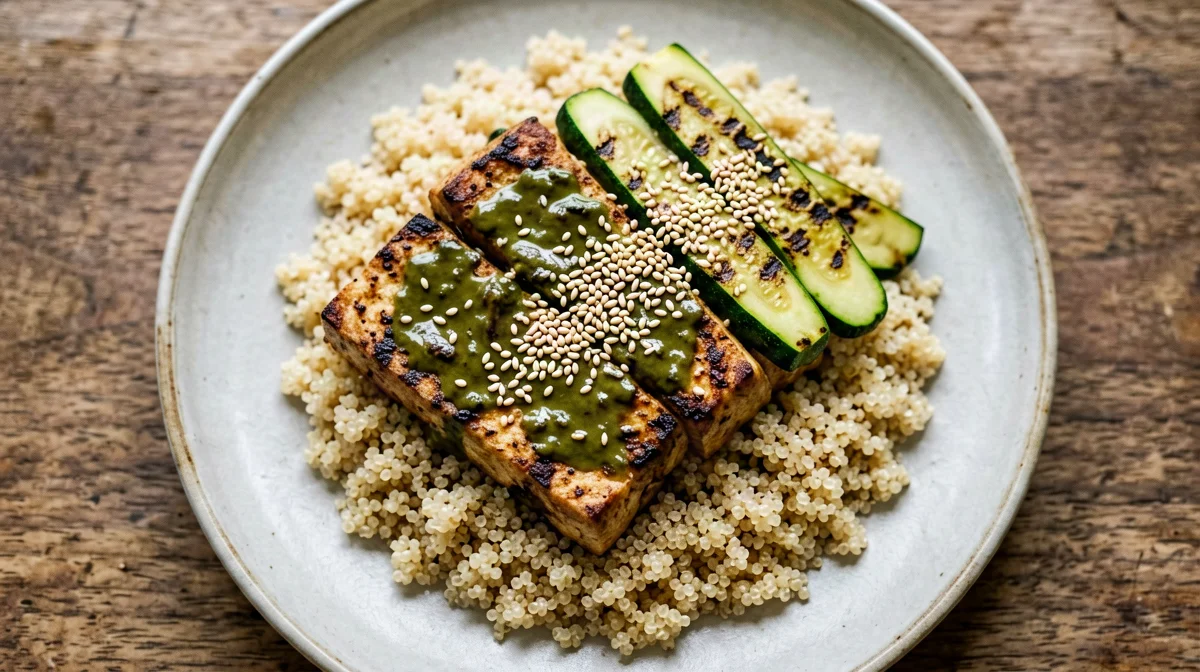 Miso-marinated tofu with grilled zucchini and quinoa