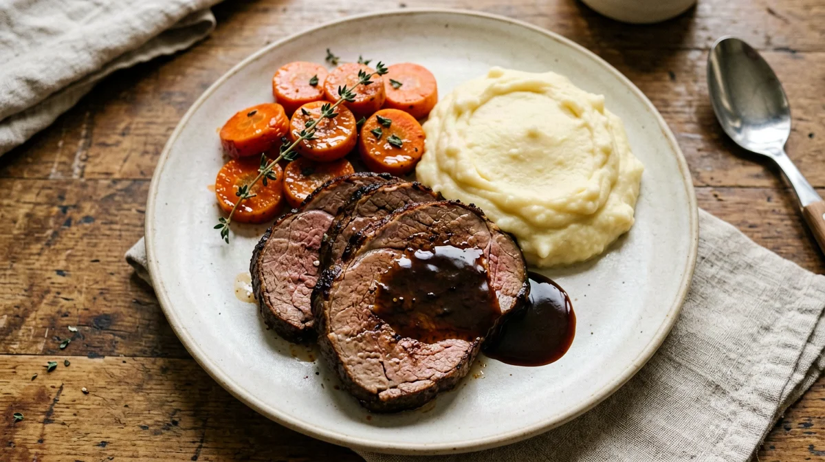 Pan-roasted seitan with thyme carrots and mash