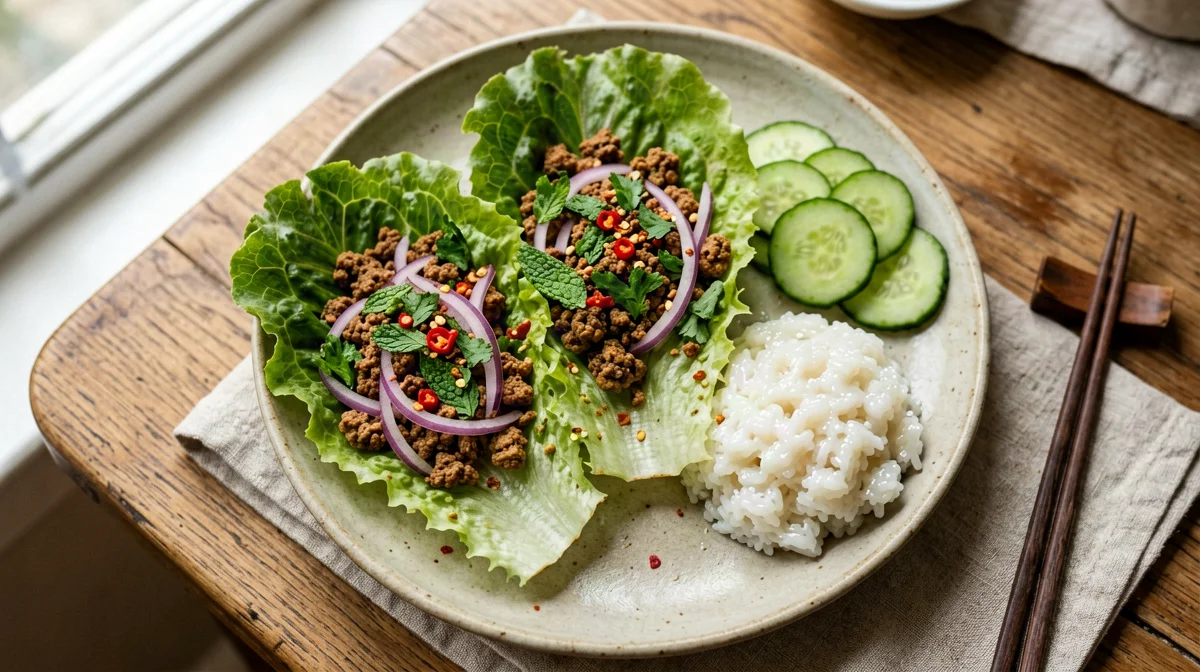 Tempeh larb in lettuce cups with sticky rice