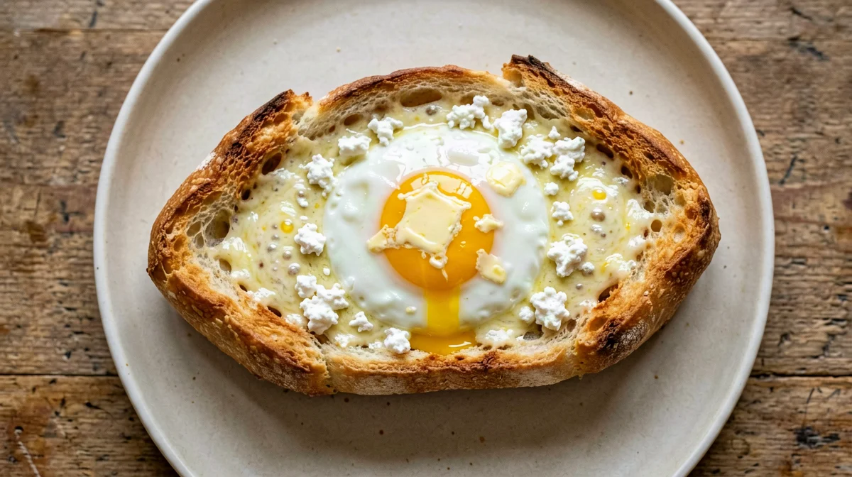 Skillet khachapuri with mozzarella, feta and egg