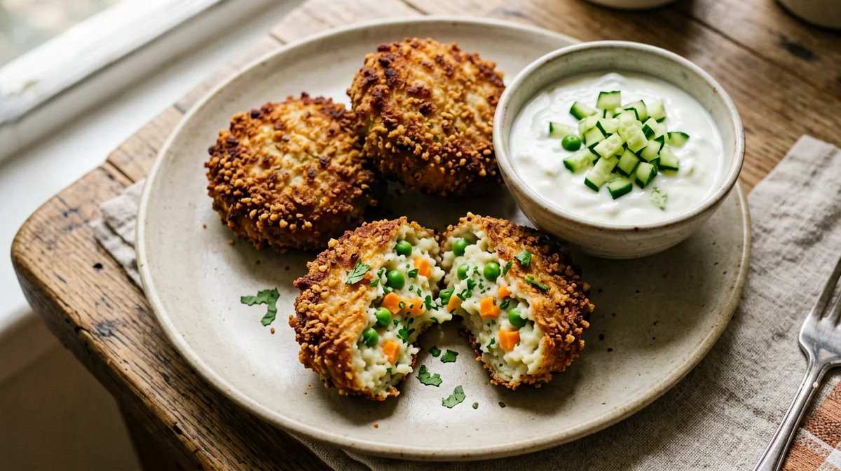 Indian potato and pea cutlets with raita