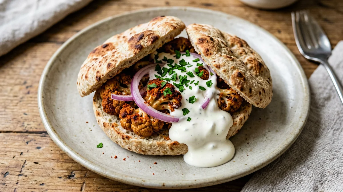 Cauliflower shawarma with garlic yogurt and pita