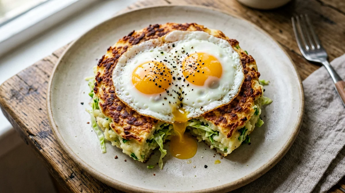 Bubble and squeak di patate e verza con uova fritte