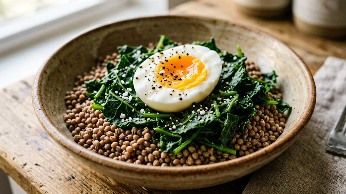 Farro tiepido con cavolo nero, uovo morbido e Grana