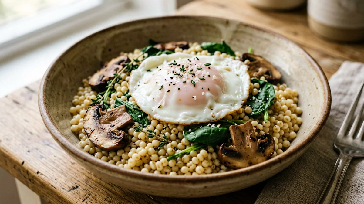 Orzo perlato saltato con funghi, spinaci e uovo in camicia