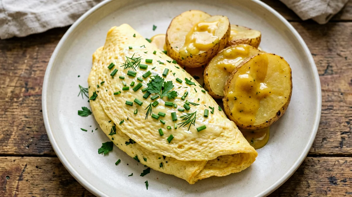 Fines herbes omelette with warm mustard potatoes