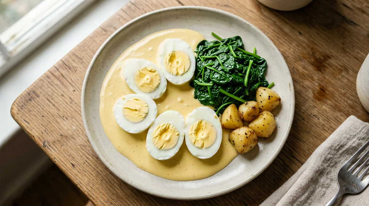 Uova sode in salsa alla senape con spinaci e patate