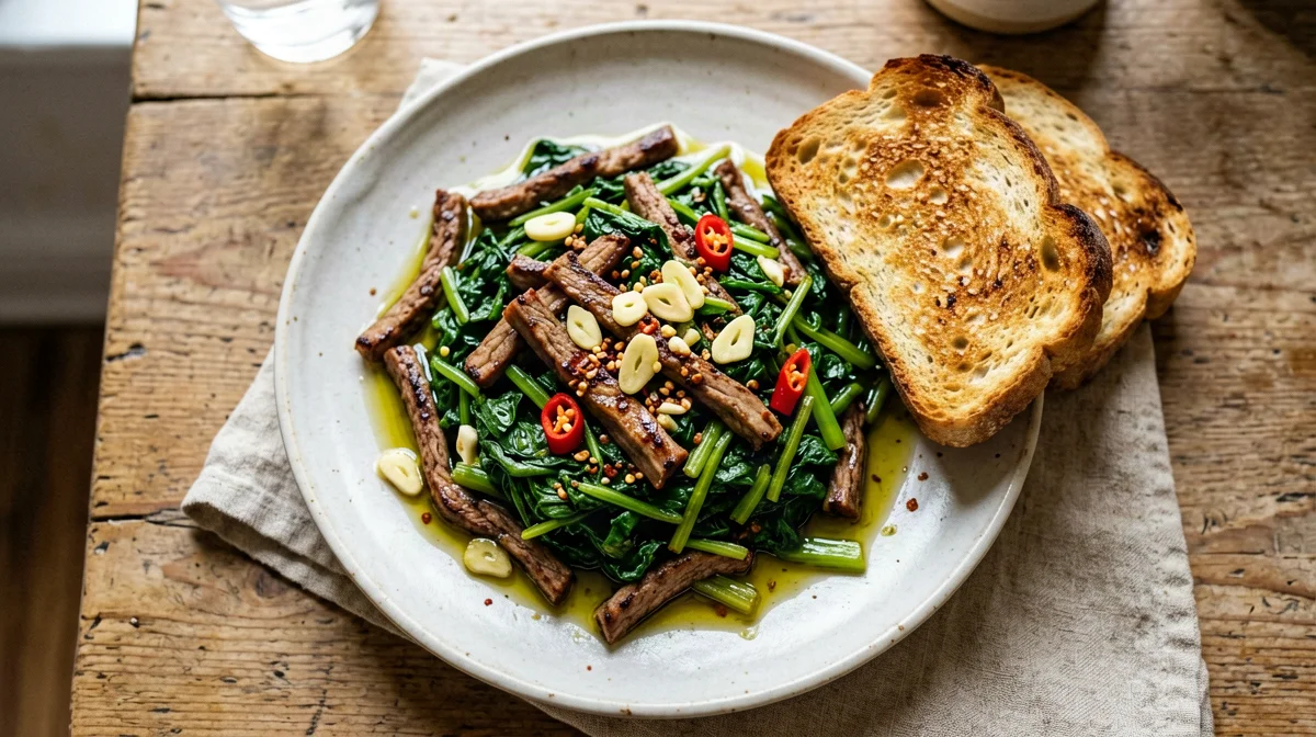 Stir-fried seitan with turnip greens and chili