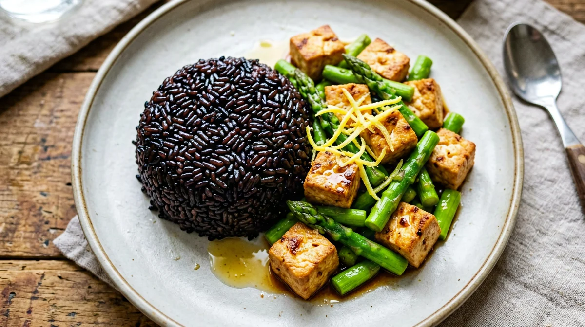 Tofu e asparagi saltati al limone con riso Venere