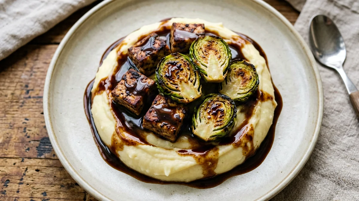 Balsamic-glazed tempeh and Brussels sprouts with mash