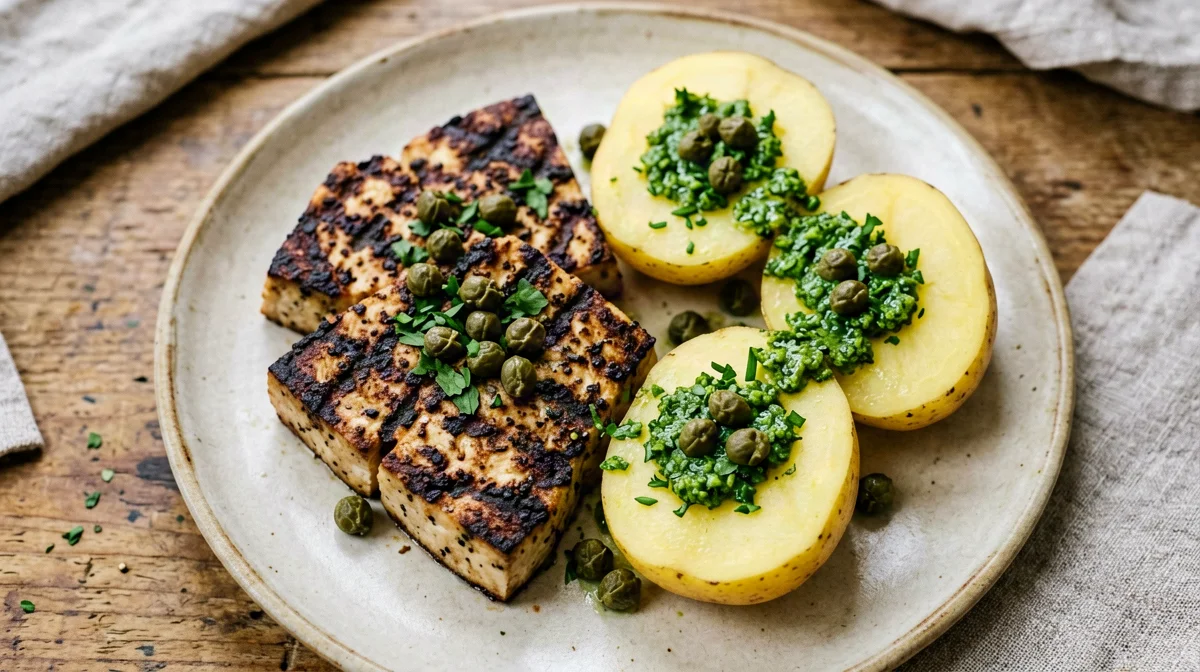 Griddled tofu with salsa verde and new potatoes