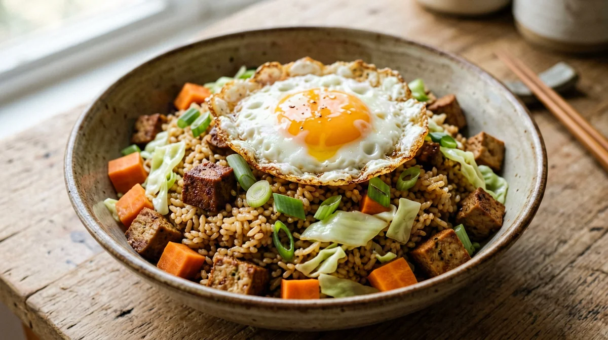 Nasi goreng con tempeh e uovo fritto