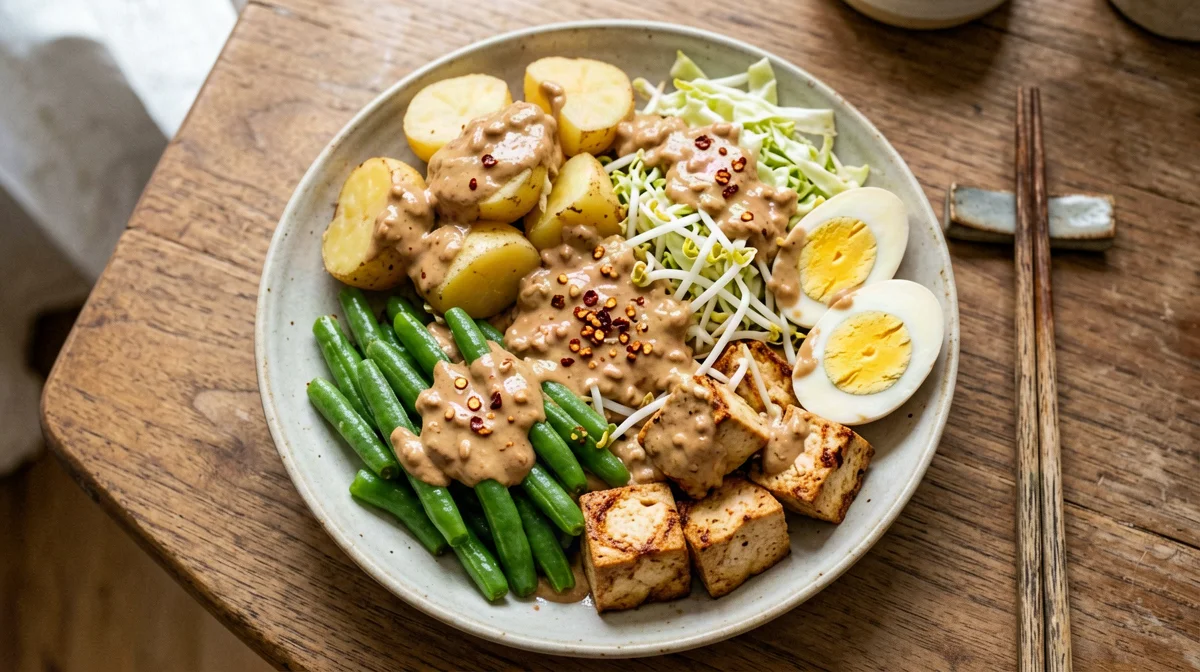 Gado gado tiepido con tofu, uova e salsa di arachidi