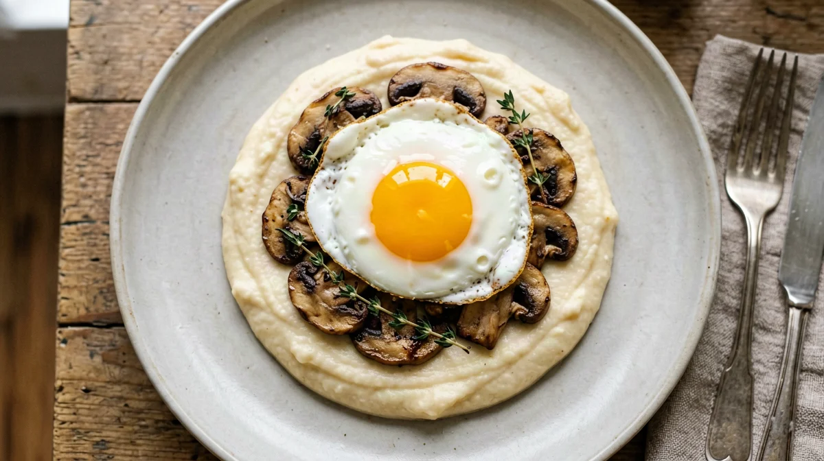 Poached duck egg on celeriac mash with mushrooms