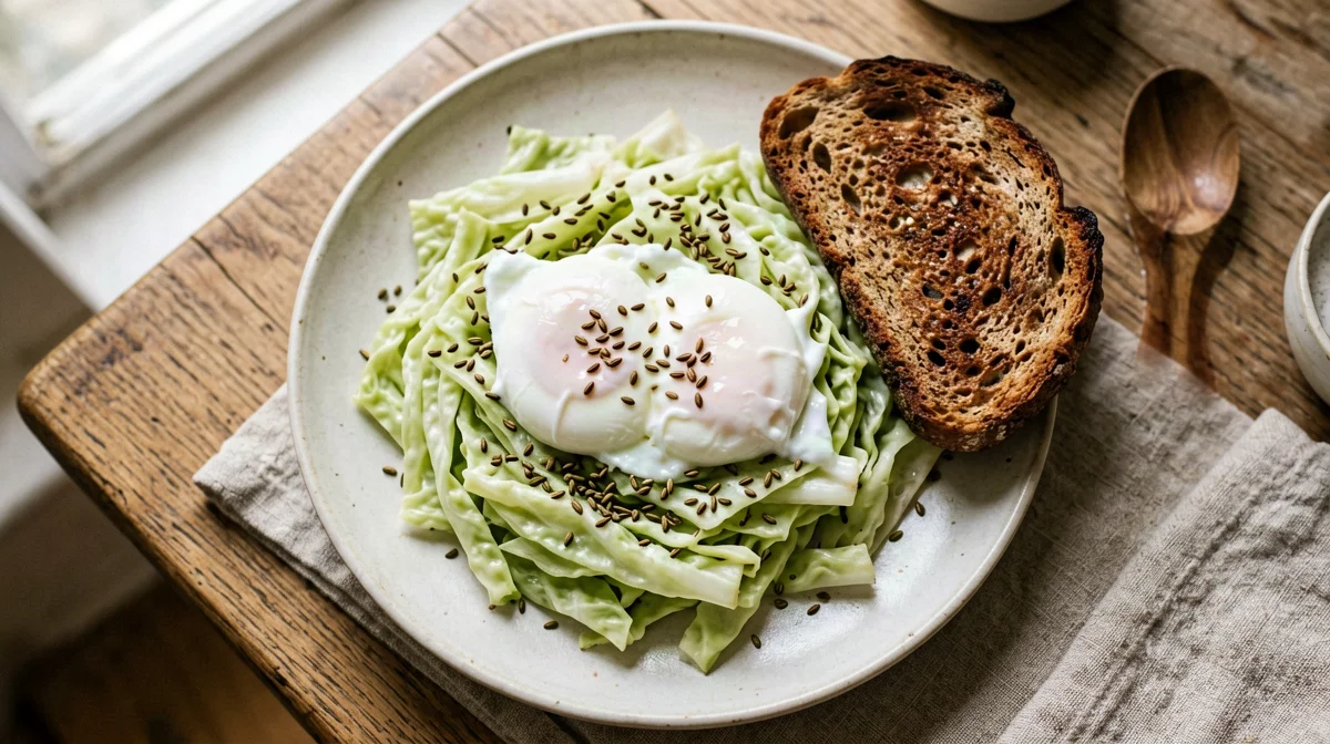 Caraway braised Savoy cabbage with poached eggs and rye